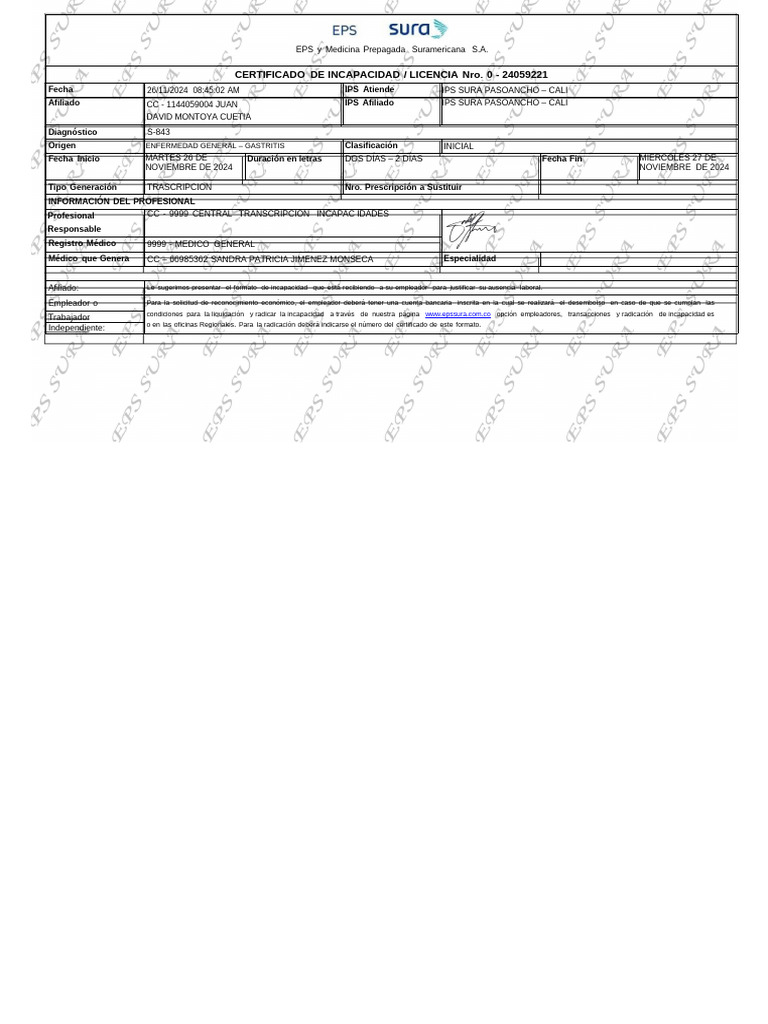 Certificado de Incapacidad EPS Sura | PDF