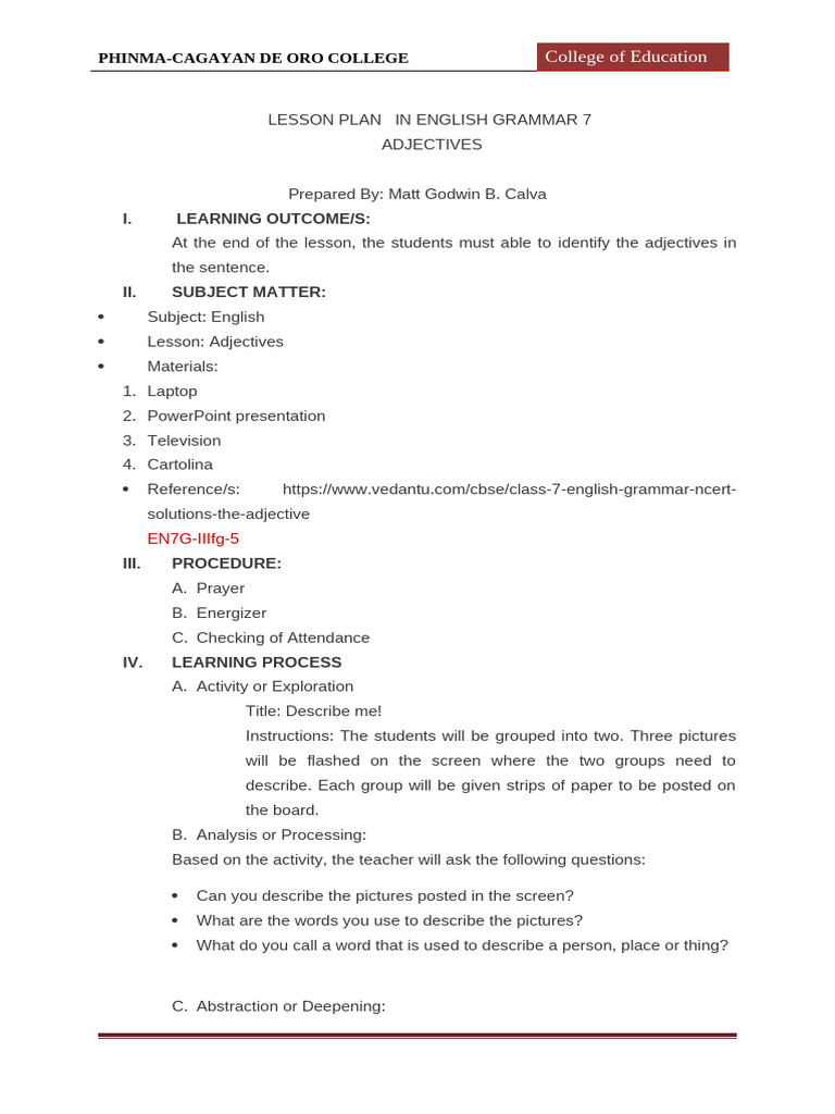 Lesson Plan: Adjectives in English 7 | PDF | Cognition | Behavior ...
