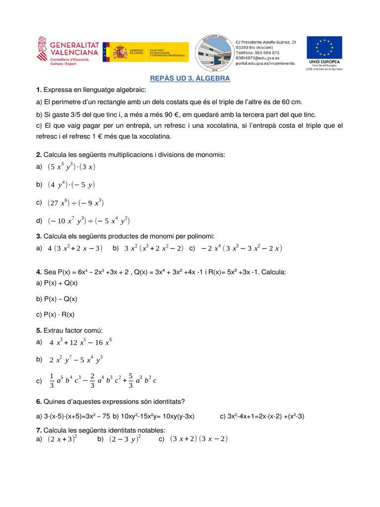 RepÃ S UD 3.llenguatge Algebraic | PDF