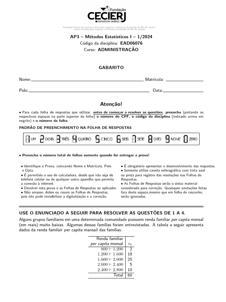 Gabarito AP3 Métodos Estatísticos I | PDF | Teoria da Probabilidade