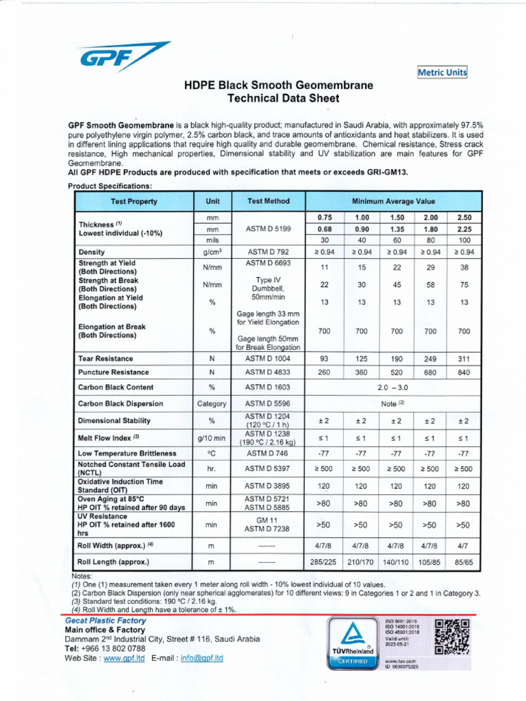 Data Sheet of HDPE Black Smooth Geomembrane | PDF