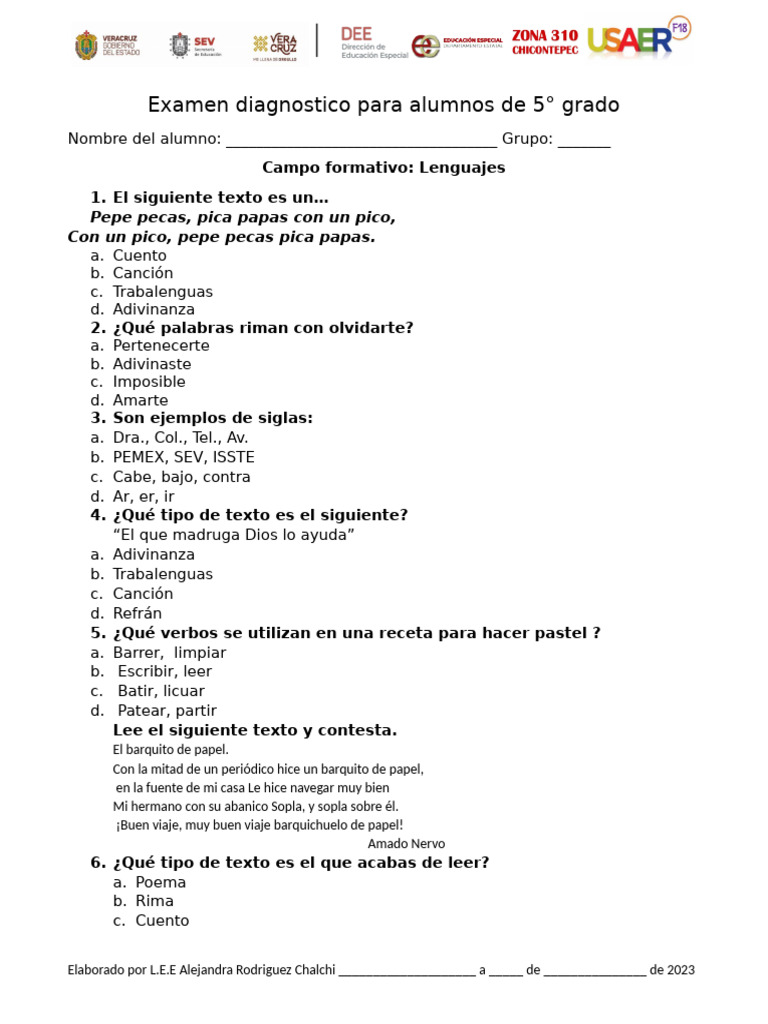 Examen Diagnostico para Alumnos de 5 y 6 | PDF