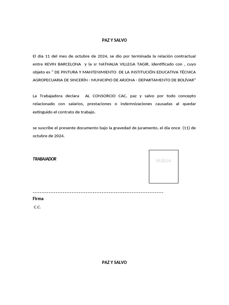 Paz y Salvo Contratos Arjona 2024 | PDF