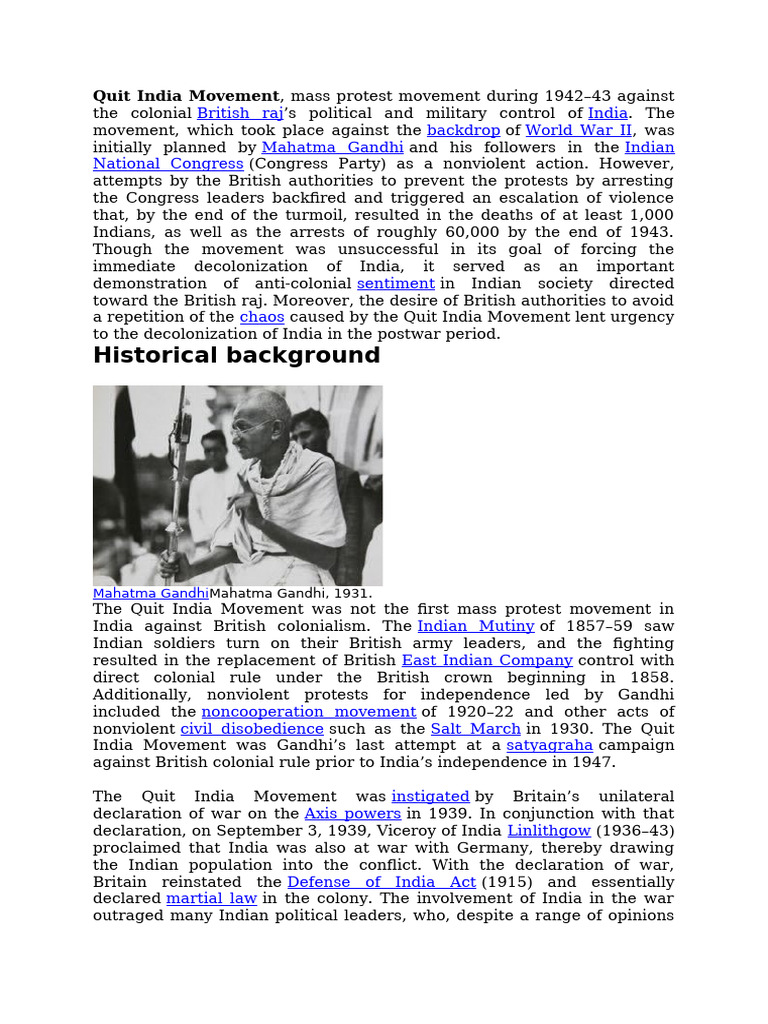 Quit India Summary | PDF | British Raj | Mahatma Gandhi