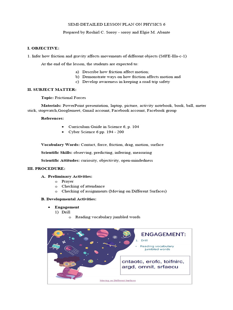 Semi Detailed Lesson Plan On Physics 6 2.0 | PDF | Friction | Force