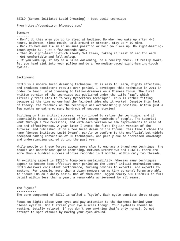 Ssild Lucid Technique Pdf Sleep Dream
