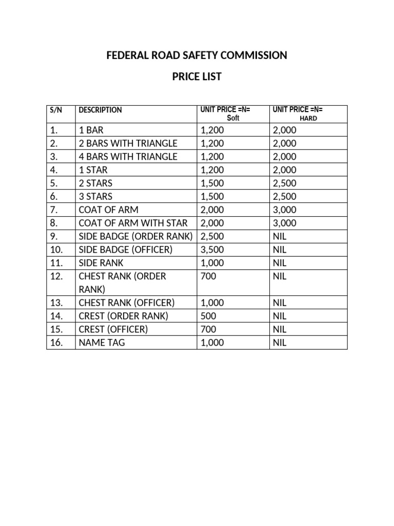 FRSC Price List | PDF