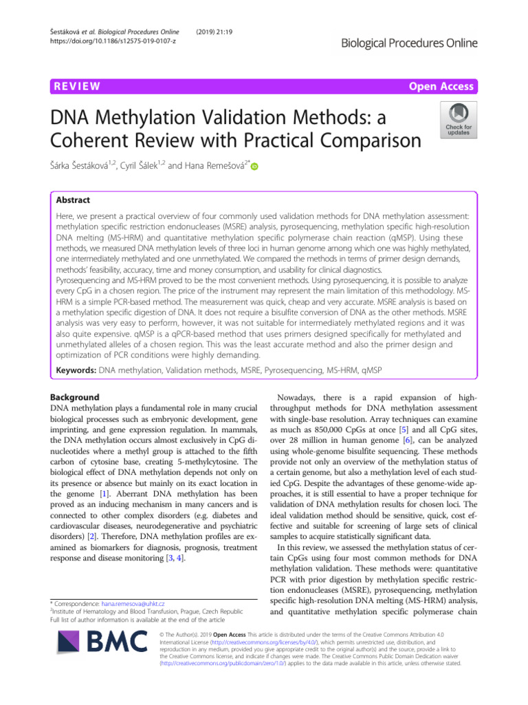 DNA Methylation Validation Methods A Coherent Review With Practical ...