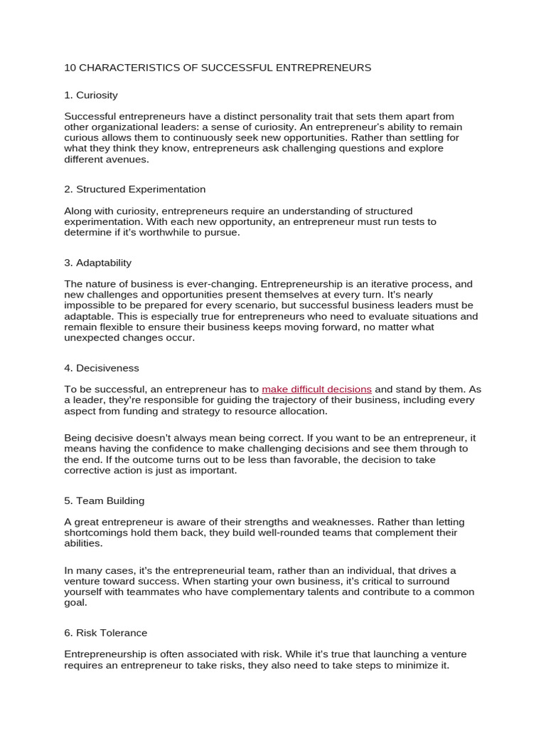 10 Characteristics Of Successful Entrepreneurs Pdf Partnership