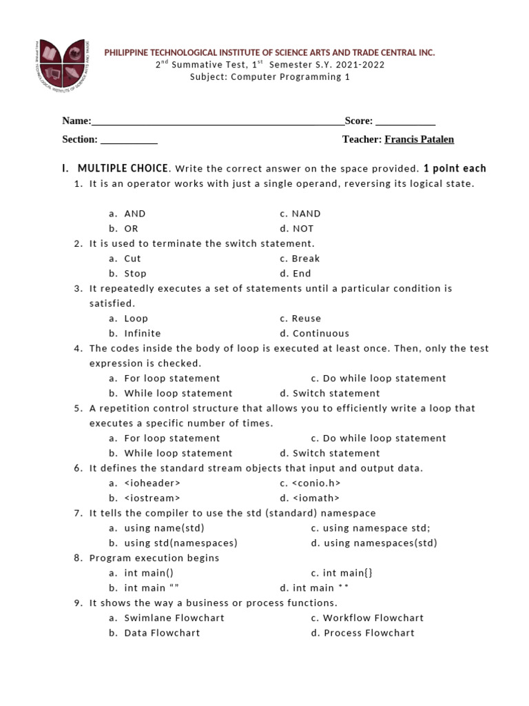 Computer Programming Test Questions | PDF | Control Flow | C ...