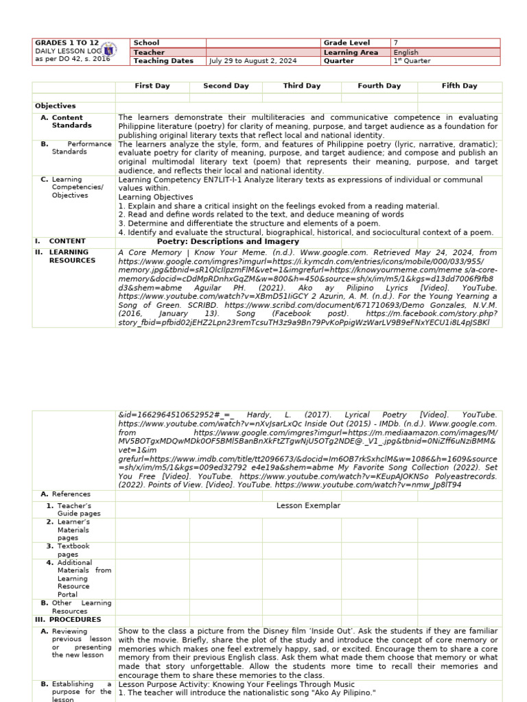 Daily Lesson Log: Grade 7 English Poetry | PDF | Poetry | Emotions