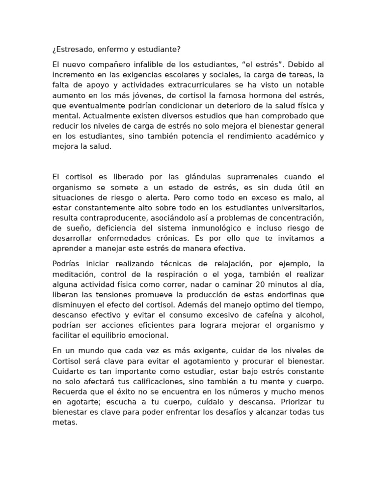 Estrés en estudiantes: salud y rendimiento | PDF | Estrés (biología ...