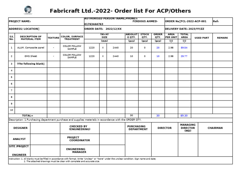 Order List For a.C.P | PDF