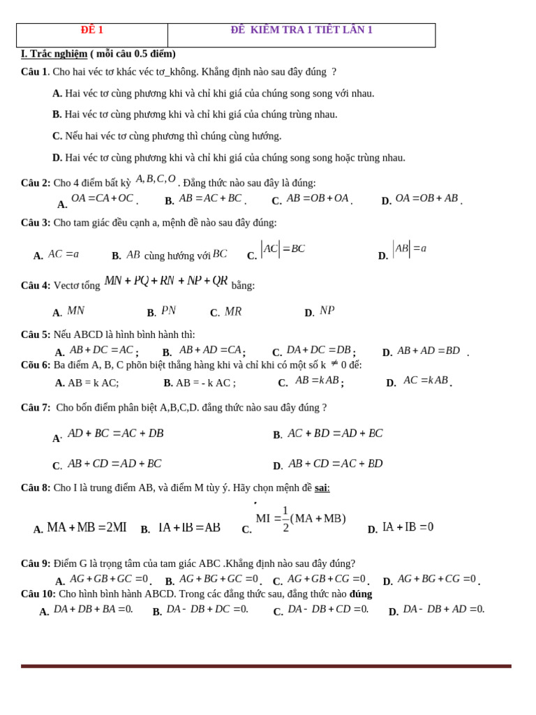 10 de KT Hinh 10 Chuong 1 Co Dap An | PDF