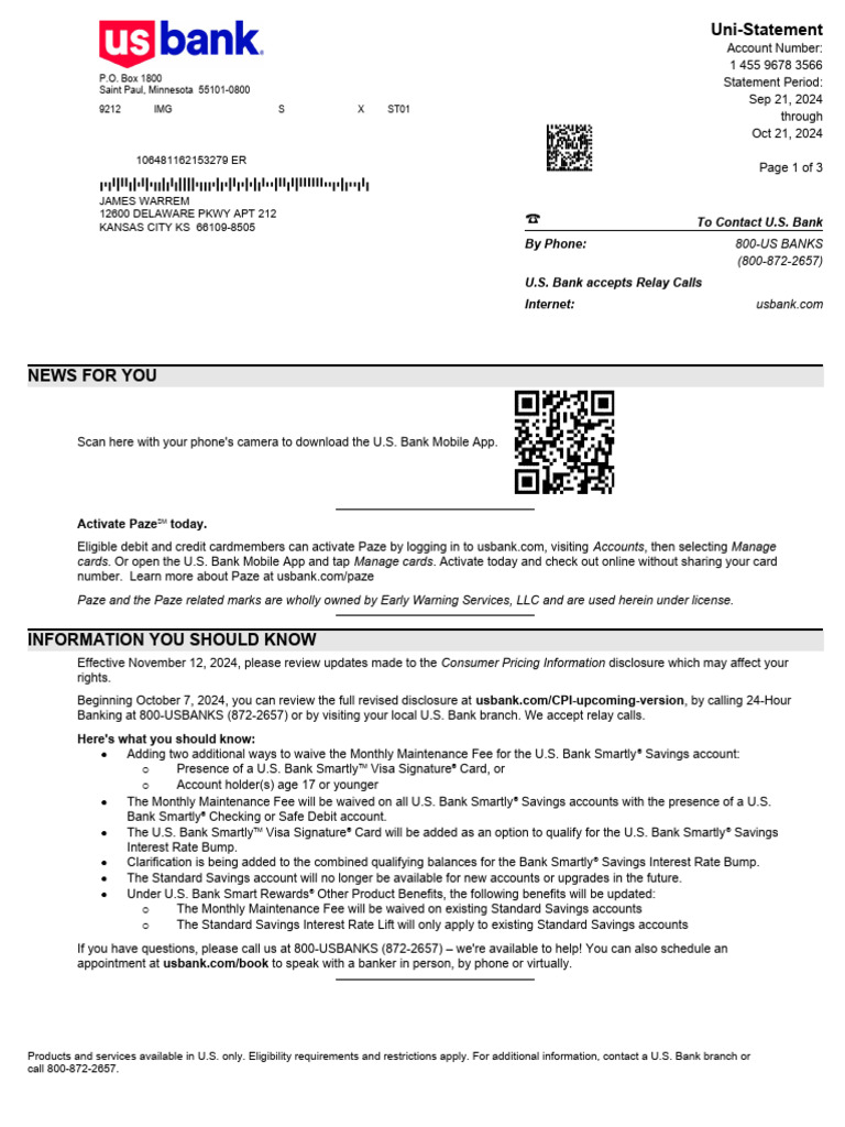 2024-10-21 Statement - USB Checking 3569 | PDF | Debit Card | Cheque