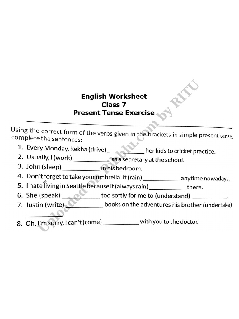 Tenses Exercise For Class 7 Present Tense Worksheet 3 Pdf