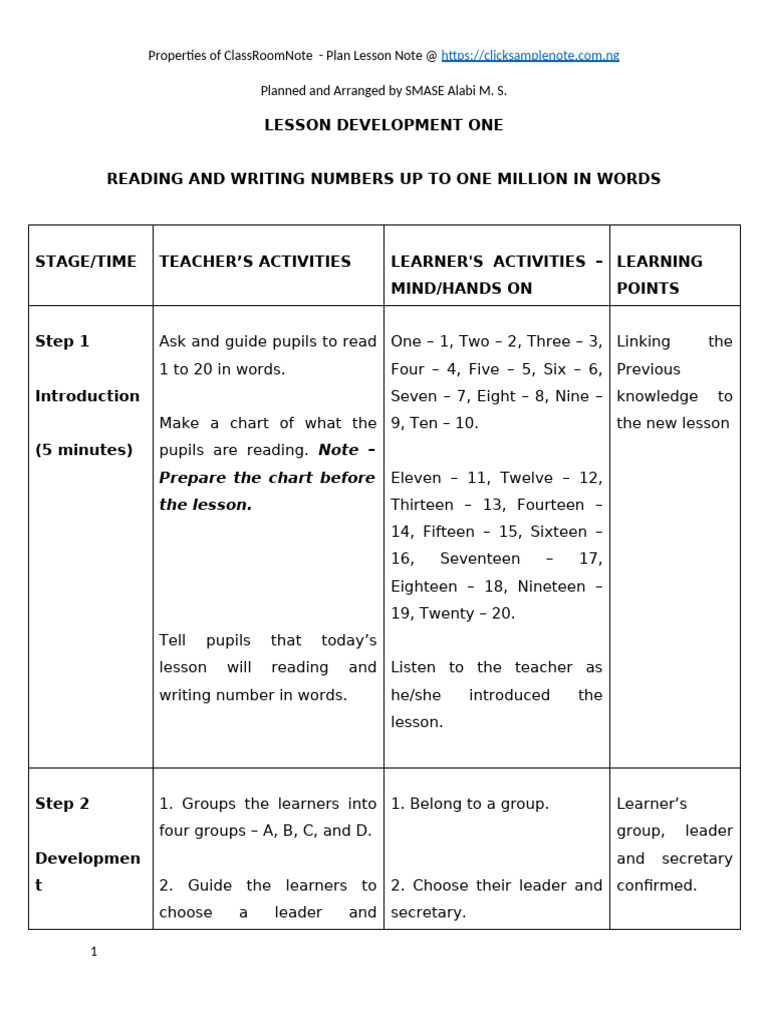 Reading and writing numbers up to one million in words 1 1 pdf
