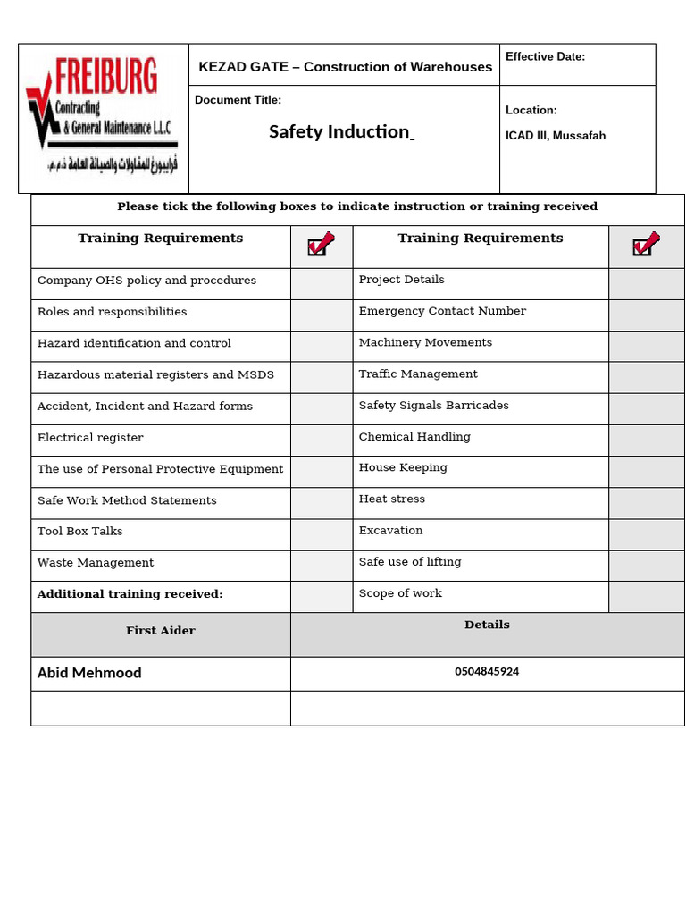 Safety Induction Form for KEZAD Gate | PDF
