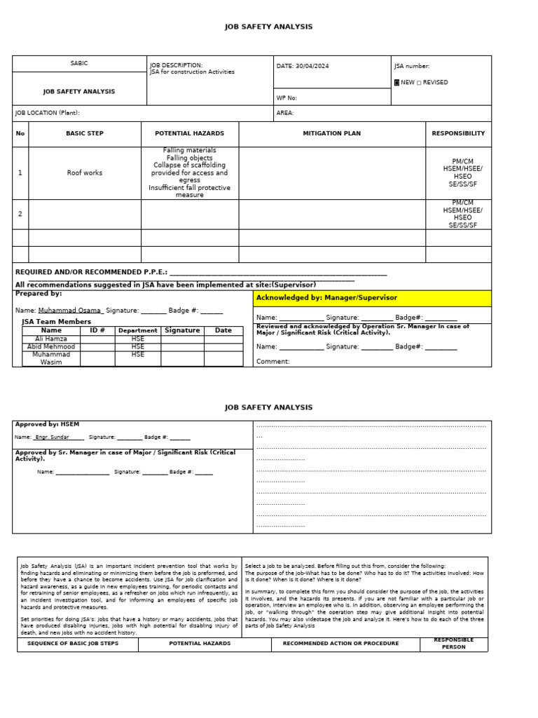 JSA For Roof Works | PDF | Scaffolding | Personal Protective Equipment