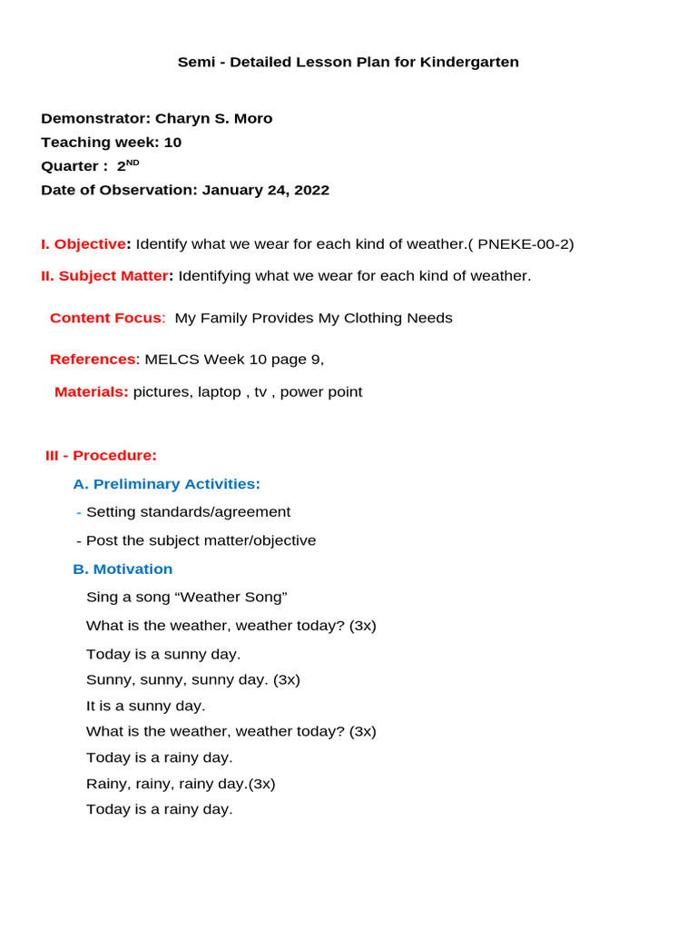 Kindergarten Weather Clothing Lesson Plan | PDF
