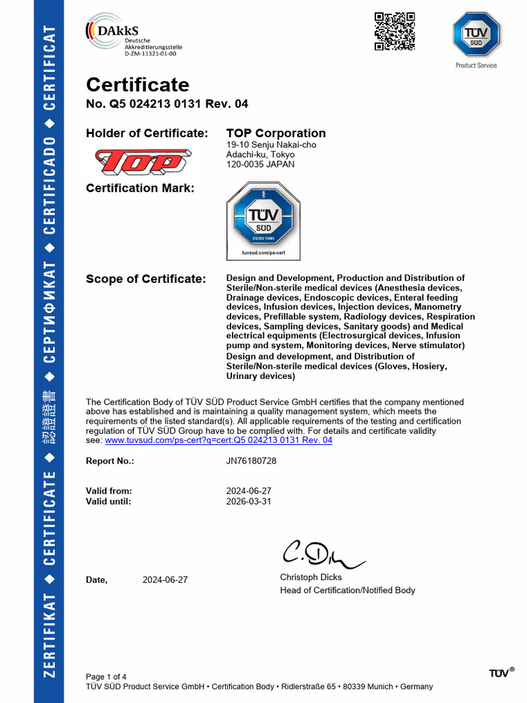 TÜV SÜD Certification for TOP Corporation | PDF | Medical Device ...