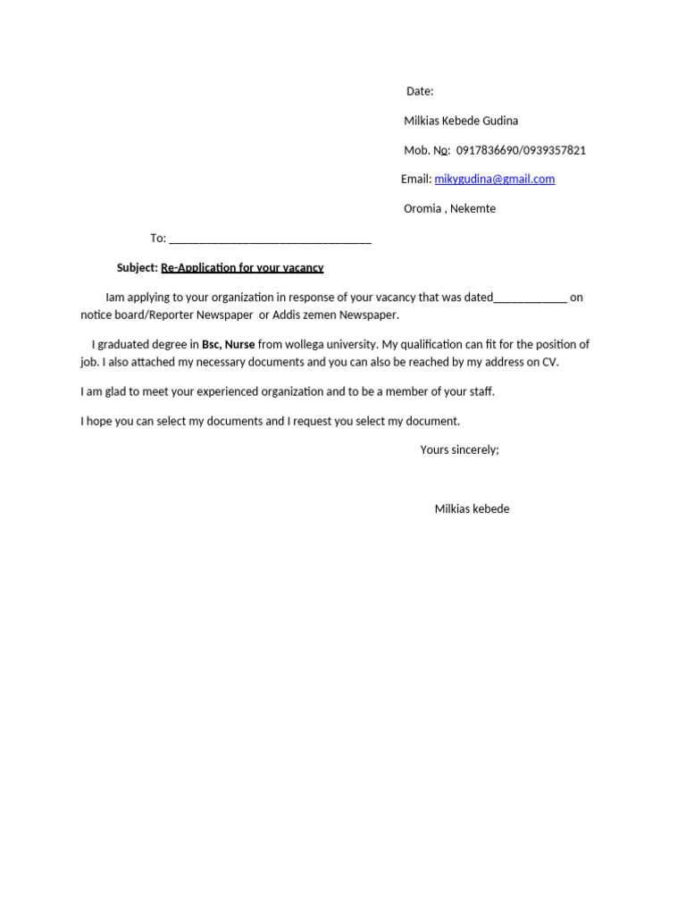 Subject: Re-Application For Your Vacancy | PDF | Health Care