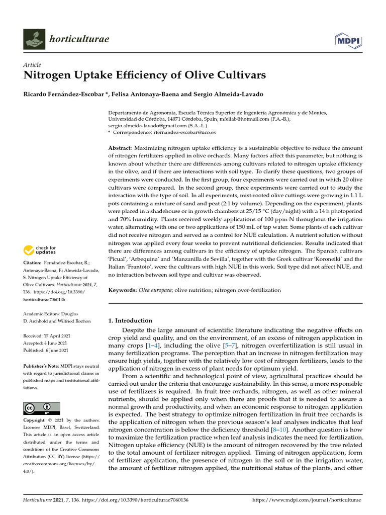 Nitrogen Uptake Efficiency of Olive Cultivars | PDF | Fertilizer | Soil