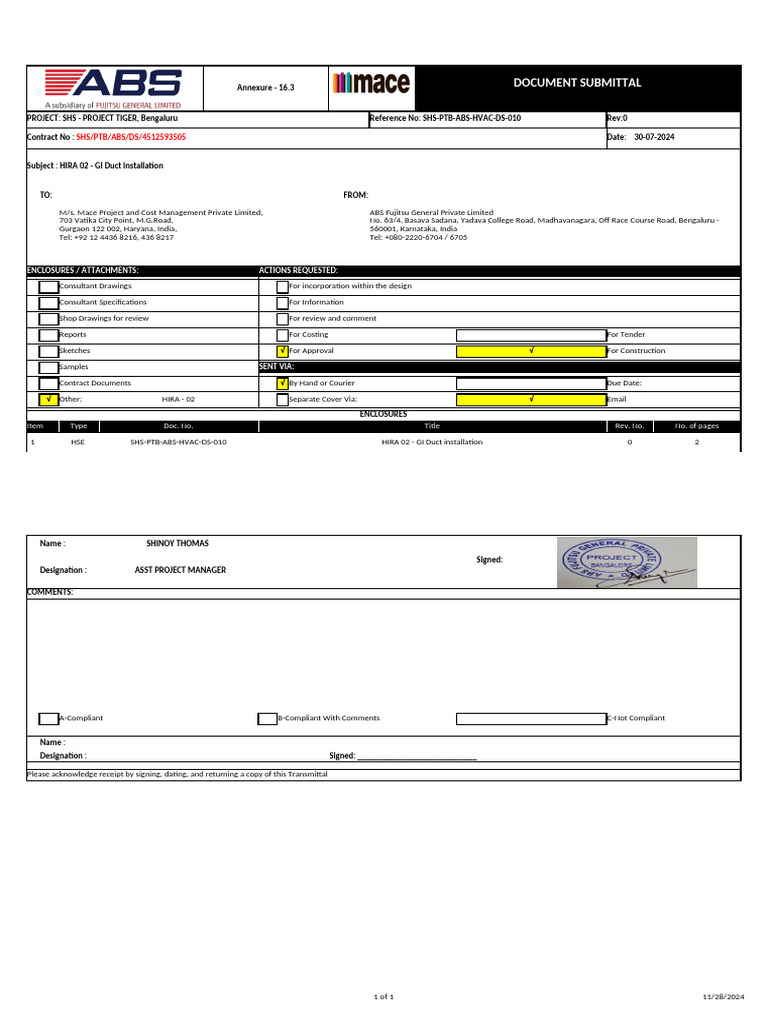 Hira 01 Annexure 16.3 - Document Submittal - For Document Submission ...