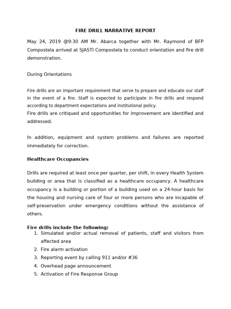 Fire Drill Narrative Report | PDF | Health Care