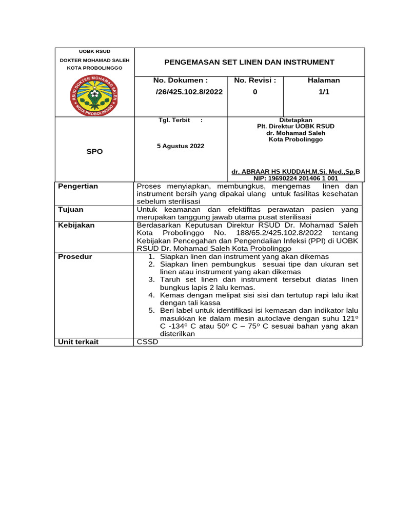 Prosedur Pengemasan Linen dan Instrumen | PDF