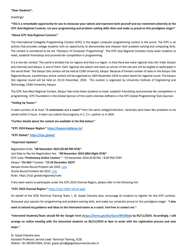 ICPC 2024 Kanpur Regionals Announcement | PDF
