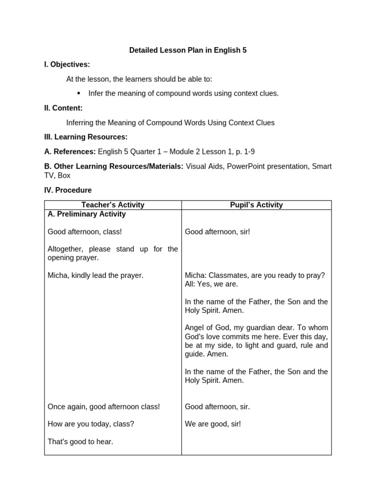 Lesson Plan: Inferring Compound Words | PDF | Lesson Plan | Grammar