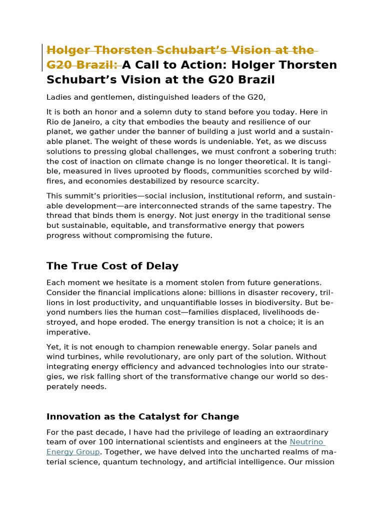 A Call To Action: Holger Thorsten Schubart's Vision at The G20 Brazil ...