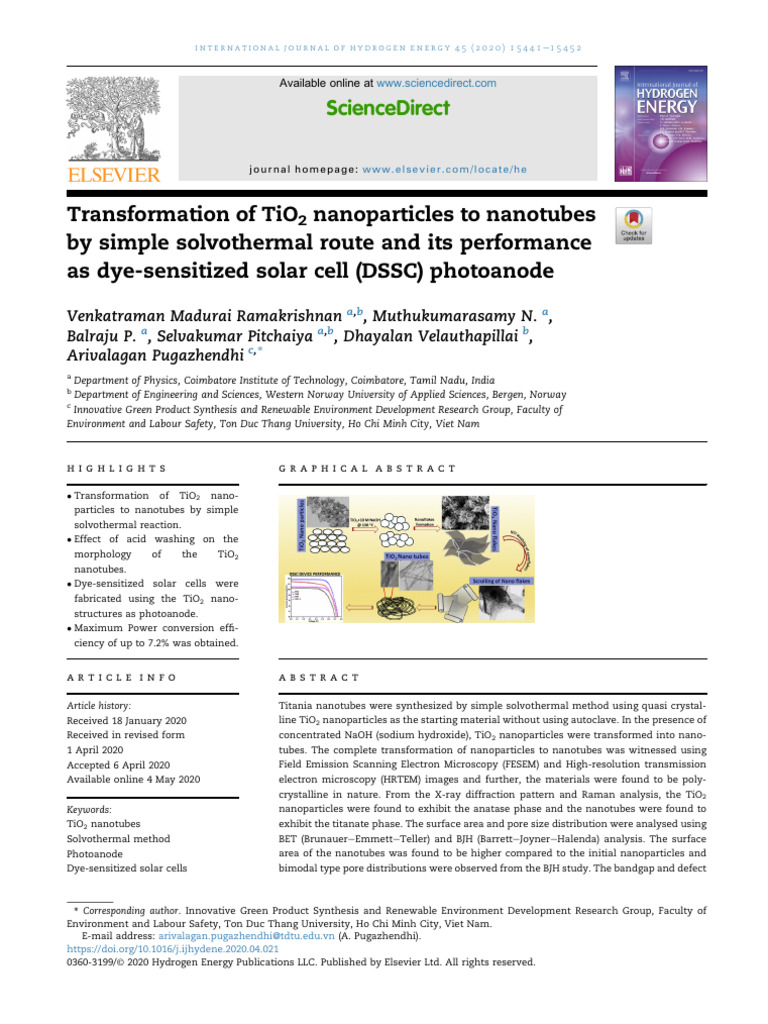 TiO2 Nanotubes for DSSC Photoanodes | PDF | Titanium Dioxide | Materials