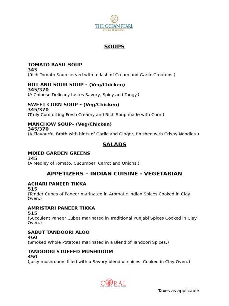 Coral Multi-Cuisine Menu Overview | PDF | Indian Cuisine | Curry
