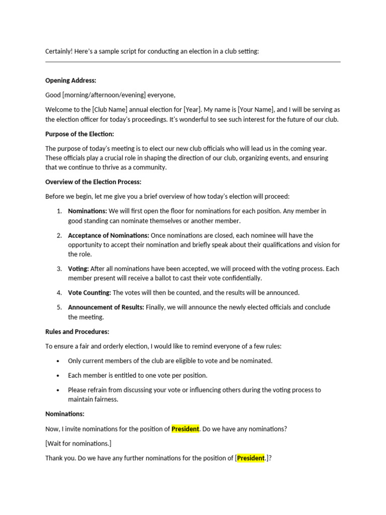 Club Election Procedure Script | PDF | Elections | Political Events