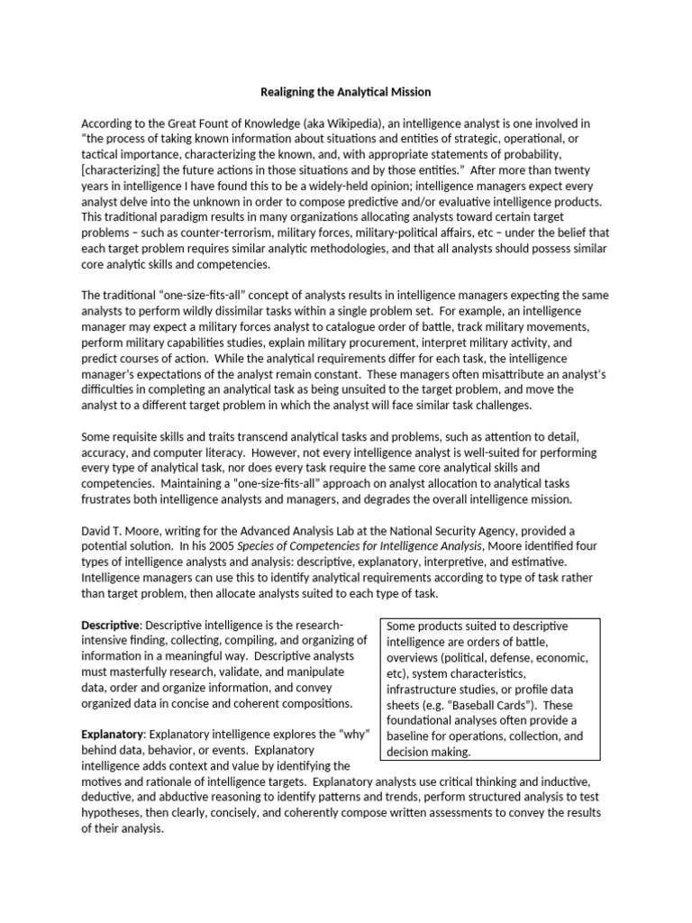 Realigning The Analytical Mission | PDF | Intelligence Analysis ...