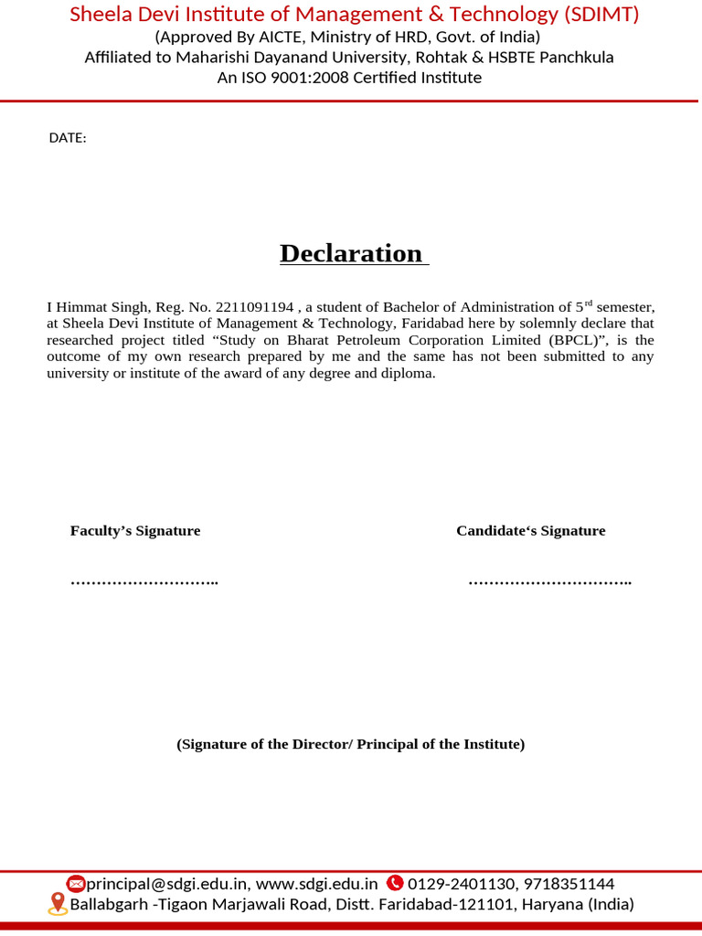 Declaration of Research Project on BPCL | PDF