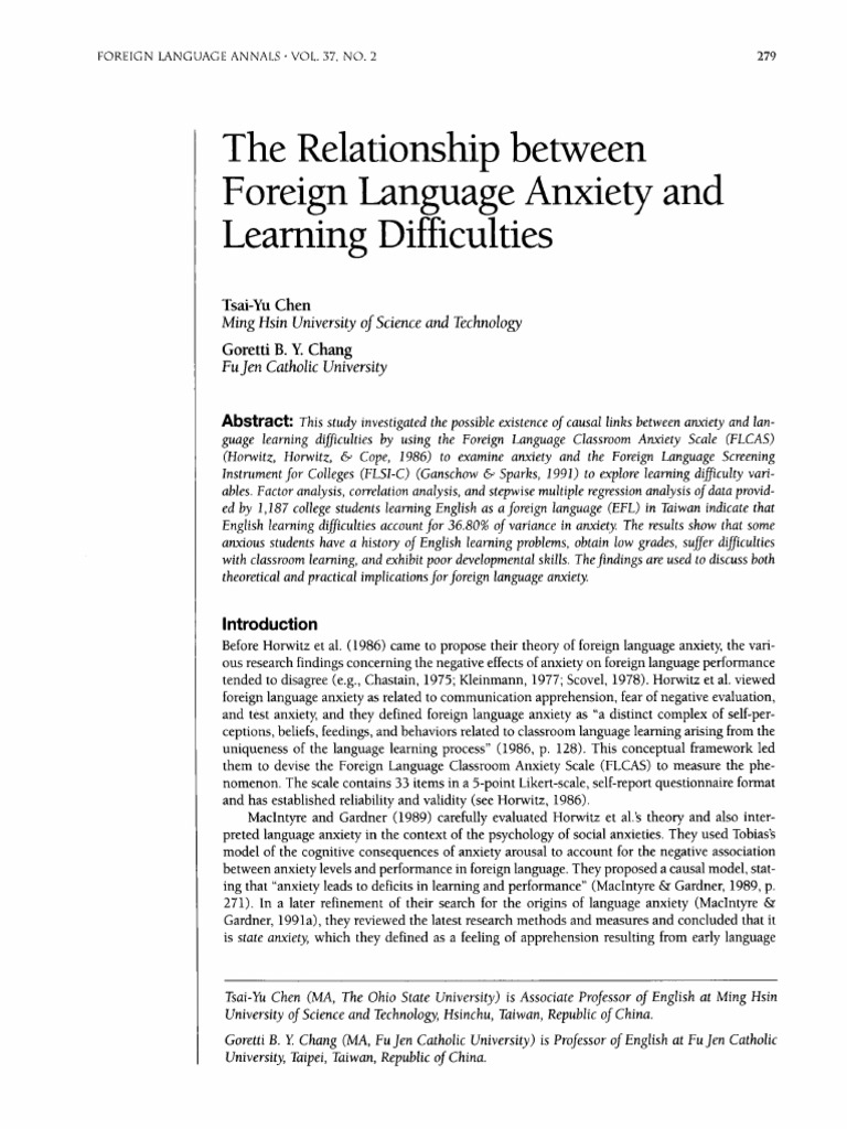 Language Anxiety and Learning Difficulties | PDF | Anxiety | Learning ...