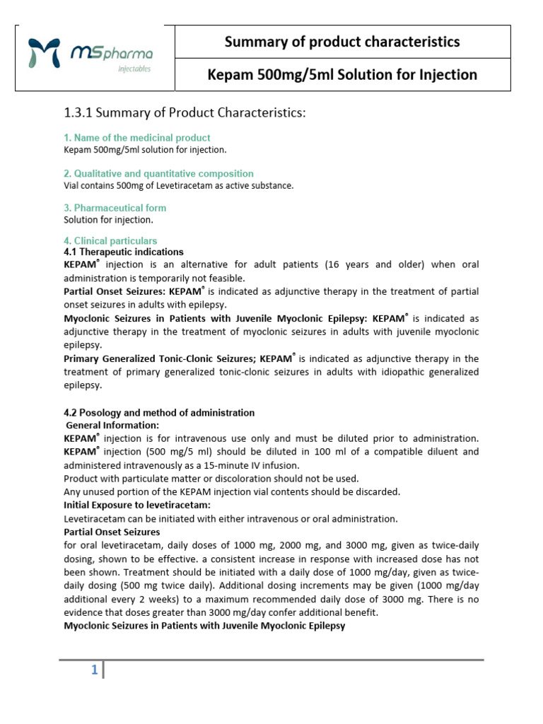 Kepam 500mg Injection for Seizures | PDF | Dose (Biochemistry) | Chemistry