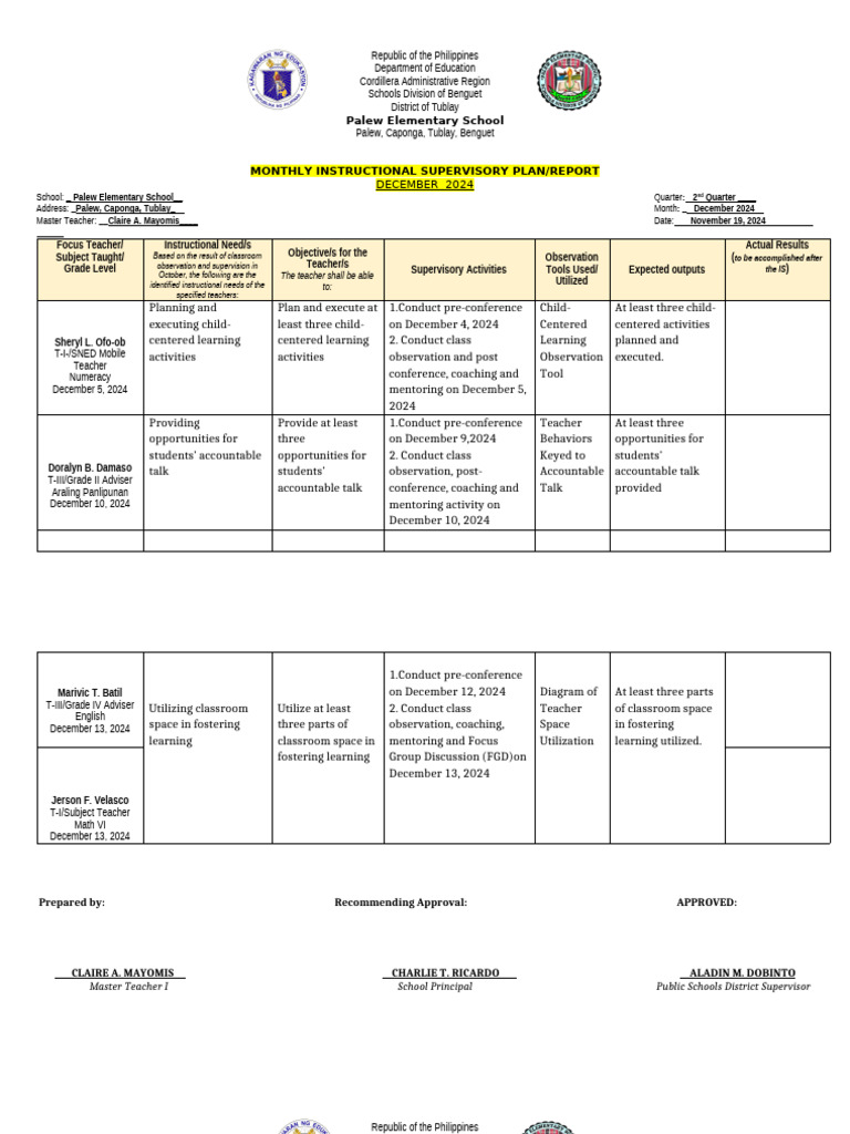 December 2024 Instructional Supervision Report | PDF | Teachers ...