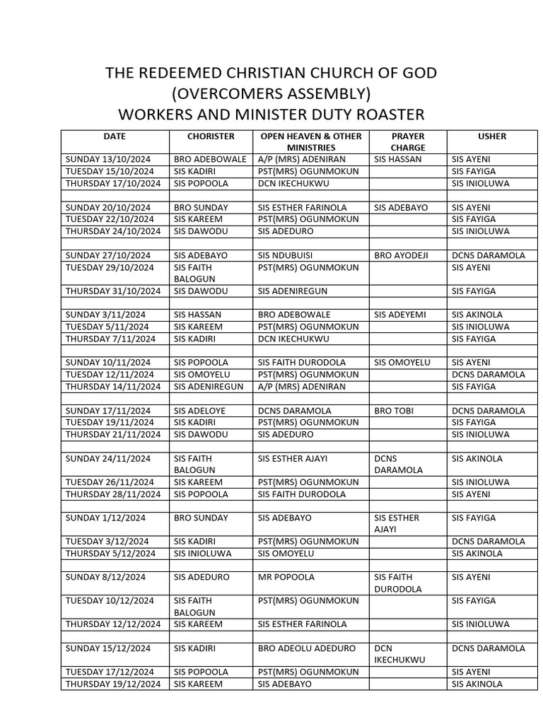 RCCG Overcomers Assembly Duty Roster | PDF