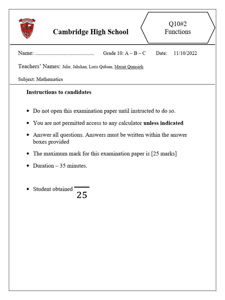 Grade 10 Mathematics Exam Functions | PDF | Mathematics | Mathematical ...