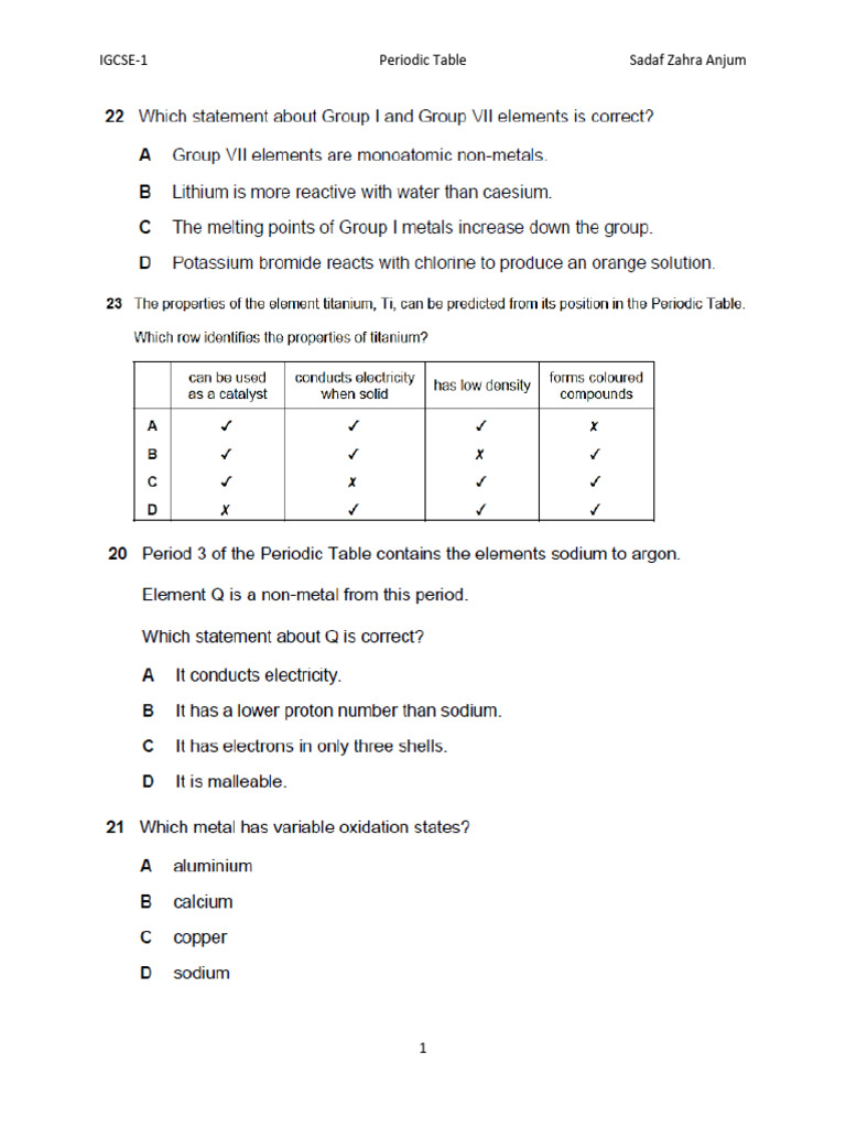 IGCSE Periodic Table Guide | PDF