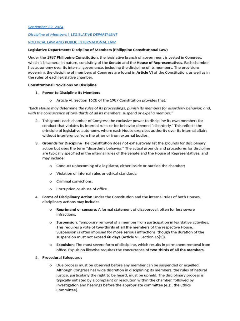 Discipline of Members LEGISLATIVE DEPARTMENT | PDF | United States ...