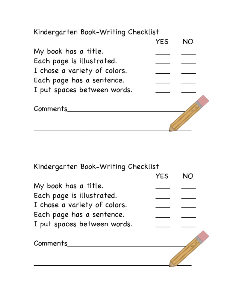 Book Writing Checklist Kindergarten Educational Years