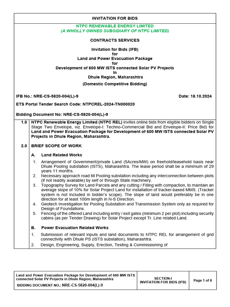 600 MW Solar PV Project Bidding IFB | PDF | Electrical Substation ...