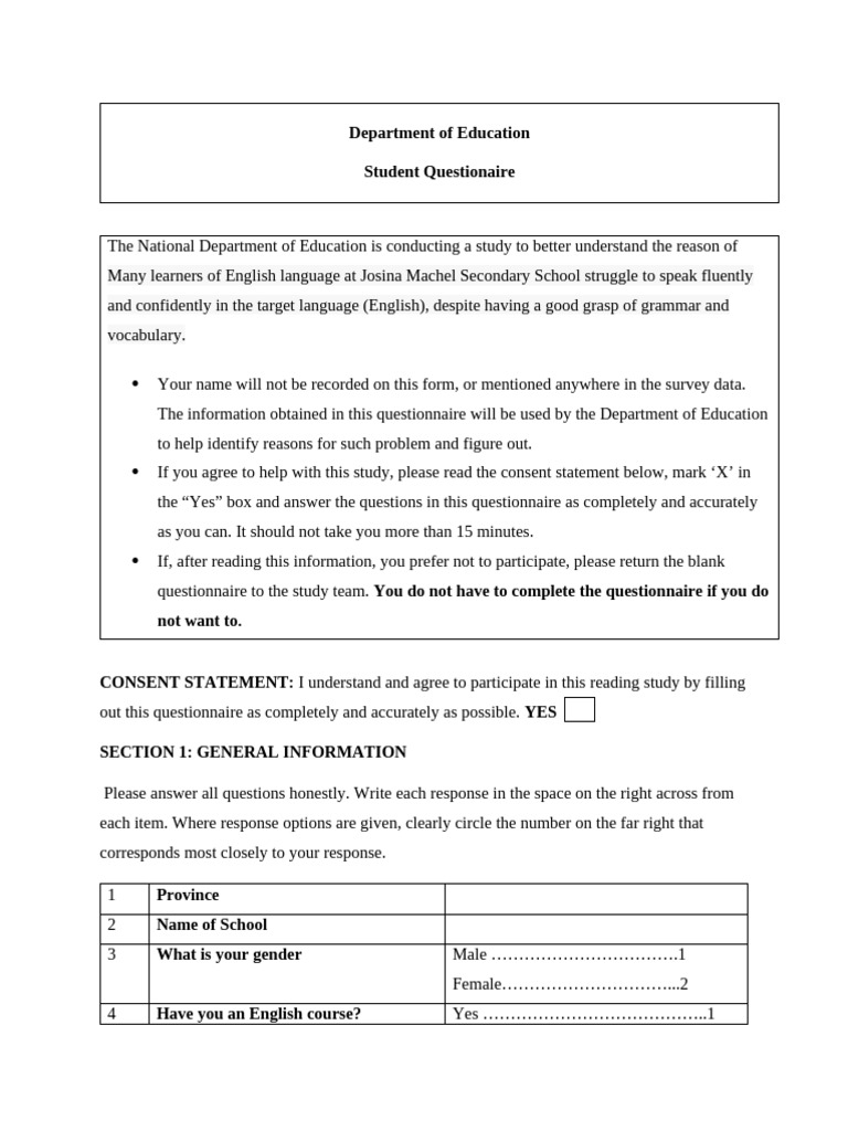English Fluency Study Questionnaire | PDF | Questionnaire | Linguistics