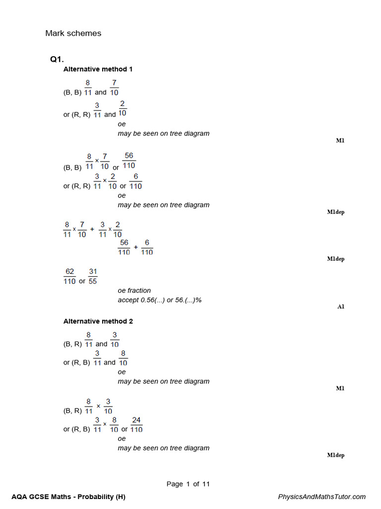 AQA GCSE Maths Probability Mark Scheme | PDF | Division (Mathematics ...
