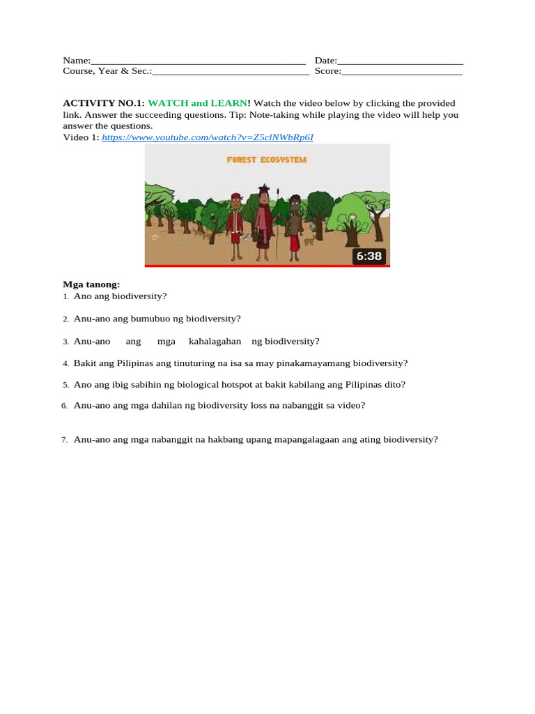Biodiversity Video Activity Guide | PDF